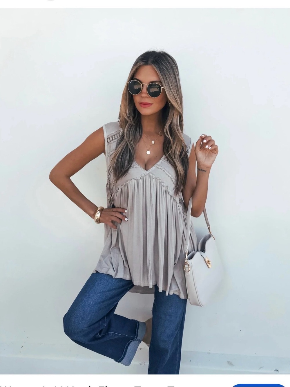 POL 3/4 Sleeve Lace Detailed Top Sz Small Light Grey Relaxed Fit Oversized Flowy